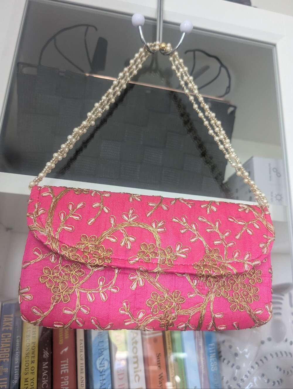 Embroidered Pink Evening Clutch with Pearl Strap